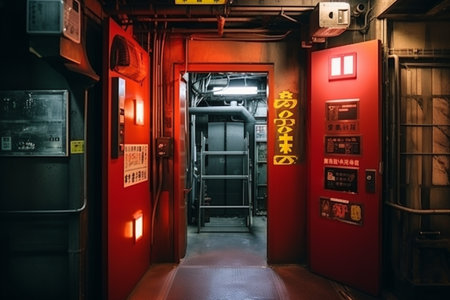 Emergency Exit Door with Warning Signs in an Alleyの写真素材