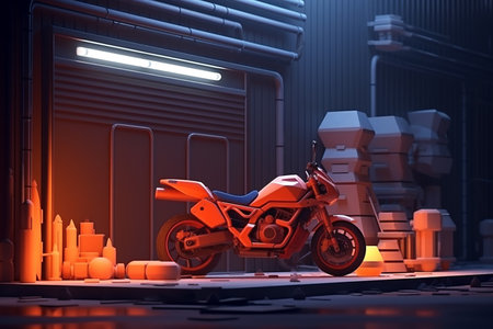 Parked Motorcycle by Construction Tools and Barriersの写真素材