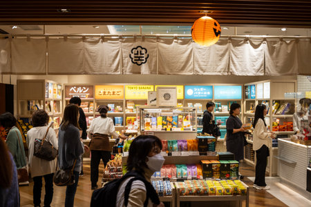 Tokyo, Japan, October 28, 2023: Customers Shopping at a Traditional Japanese Snack Storeのeditorial素材