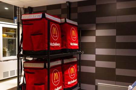 Tokyo, Japan, October 29, 2023: Delivery bag storage at a fast food restaurantのeditorial素材