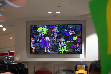 Tokyo, Japan, October 29, 2023: Splatoon-themed display on a digital screen in a storeのeditorial素材