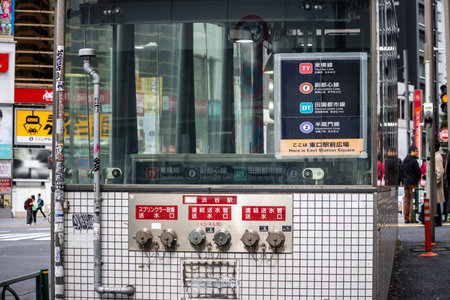 Tokyo, Japan, October 29, 2023: City corner with public utility meters and street signsのeditorial素材
