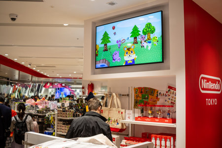 Tokyo, Japan, October 29, 2023: Nintendo Tokyo Store Interior with Display Screenのeditorial素材