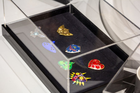 Tokyo, Japan, October 29, 2023: Collectible video game pins on display in a showcaseのeditorial素材
