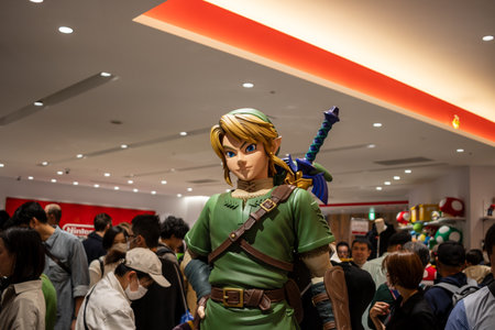 Tokyo, Japan, October 29, 2023: Life-size figure of a video game hero in a retail storeのeditorial素材
