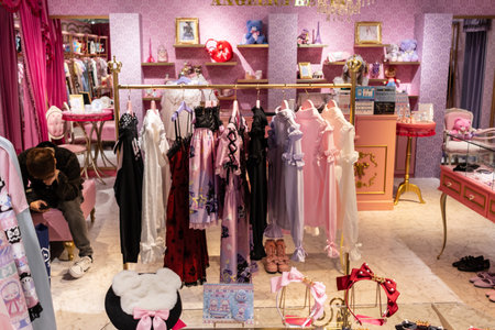 Tokyo, Japan, October 29, 2023: Pink-themed fashion boutique with customersのeditorial素材