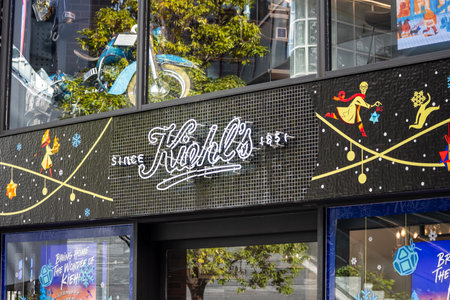 Tokyo, Japan, October 29, 2023: Storefront of Kiehl's cosmetics with neon signage and display windowsのeditorial素材