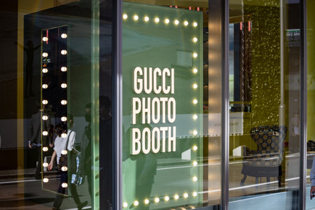 Tokyo, Japan, October 29, 2023: Gucci photo booth with illuminated marquee lights in a luxury store