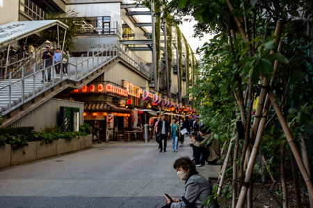 Tokyo, Japan, October 29, 2023: Bustling alleyway with traditional eateries and modern architectureのeditorial素材