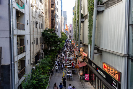 Tokyo, Japan, October 29, 2023: Overhead view of a bustling Tokyo alley with shops and pedestriansのeditorial素材