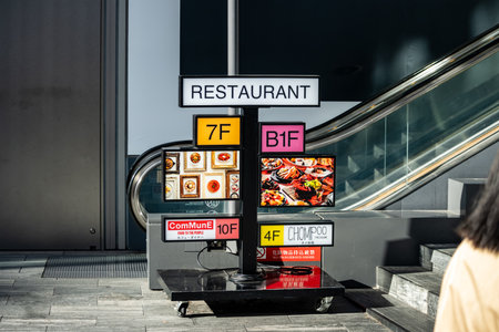 Tokyo, Japan, October 29, 2023: Directional sign for various restaurants in a multi-level buildingのeditorial素材