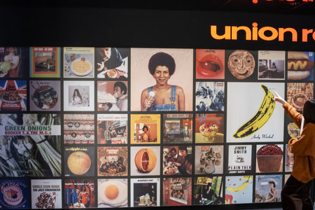 Tokyo, Japan, October 29, 2023: Wall of vintage vinyl record covers in a trendy shopのeditorial素材