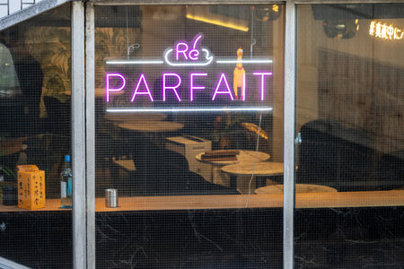 Tokyo, Japan, October 29, 2023: Coffee Perfect neon sign in windowのeditorial素材