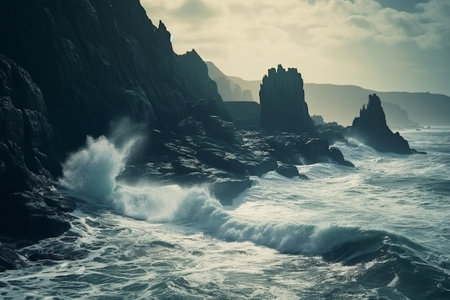 Rugged Coastline with Waves Crashing Against Rocksの素材
