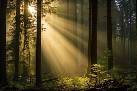 Sun Rays Filtering Through Forest Treesの素材