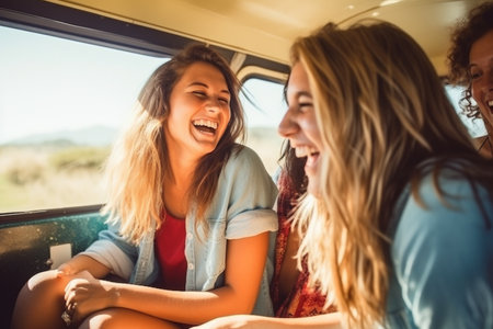 Friends Laughing Together on a Road Tripの素材