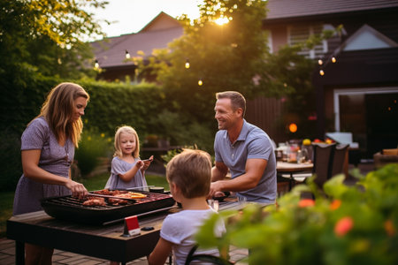 Family Enjoying Backyard Barbecue at Duskの素材