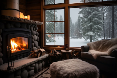 Cozy Cabin Interior with Fireplaceの素材