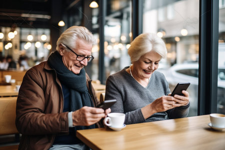 Senior Couple Using Digital Tablet in Cafeの素材