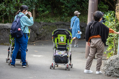 Tokyo, Japan, October 31, 2023: People walking in a park with strollers and observing natureのeditorial素材