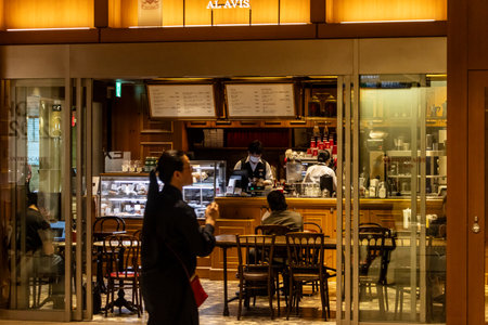Tokyo, Japan, October 31, 2023: Cozy cafe interior viewed from the entranceのeditorial素材