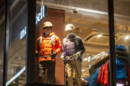 Tokyo, Japan, October 31, 2023: Outdoor clothing display in a fashion store windowのeditorial素材