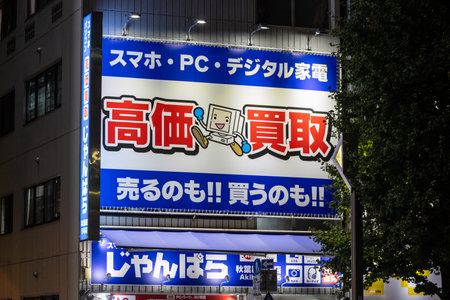 Tokyo, Japan, October 31, 2023: Large electronics store sign with Japanese characters illuminated at nightのeditorial素材