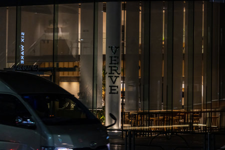 Tokyo, Japan, October 31, 2023: Exterior of the Verve Coffee Roasters shop at night