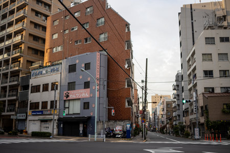 Tokyo, Japan, October 31, 2023: View of a corner building in Tokyo with various business signage