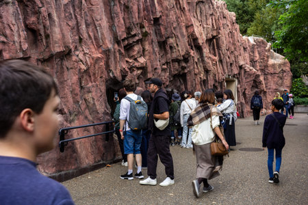 Tokyo, Japan, October 31, 2023: Visitors at Ueno Zoo near the rocky exhibit areaのeditorial素材