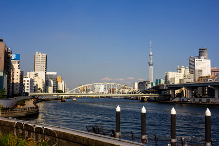Tokyo, Japan, November 1, 2023: River view with Tokyo Skytree and a bridge in the Sumida districtのeditorial素材