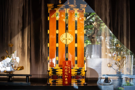 Tokyo, Japan, November 1, 2023: Traditional Japanese Shinto altar with ceremonial objectsのeditorial素材