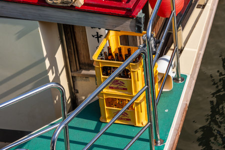 Tokyo, Japan, November 1, 2023: Stairway of a traditional Japanese boat with sake barrelsのeditorial素材