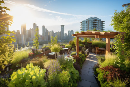 Urban Rooftop Garden at Sunriseの素材