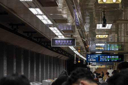 Tokyo, Japan, November 1, 2023: Interior of a Modern Train Station with Digital Displaysのeditorial素材