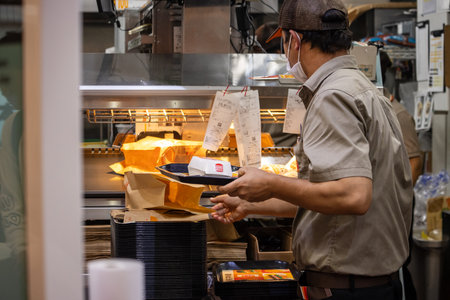 Tokyo, Japan, November 1, 2023: Chef Preparing Takoyaki in a Street Food Stallのeditorial素材