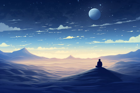 Solitary Figure in a Desert at Nightの素材