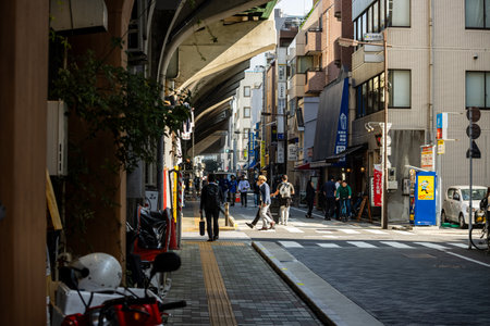 Tokyo, Japan, November 1, 2023: Pedestrians and Cyclists on a Sunny Day in Tokyo Neighborhoodのeditorial素材