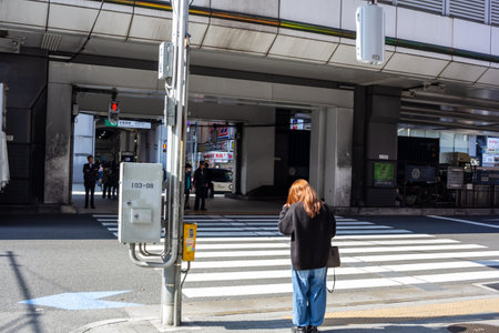 Tokyo, Japan, November 1, 2023: Woman Waiting to Cross the Street in Tokyoのeditorial素材
