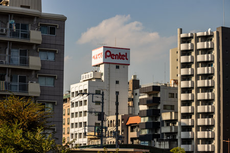 Tokyo, Japan, November 1, 2023: Pentel office building in Tokyo with clear blue skyのeditorial素材