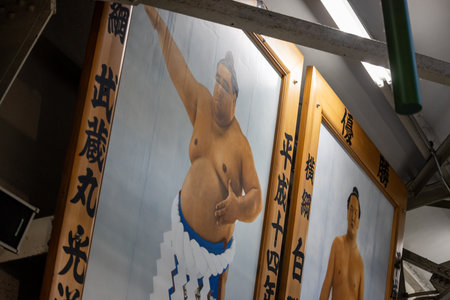 Tokyo, Japan, November 1, 2023: Sumo Wrestler Paintings in a Traditional Sumo Stableのeditorial素材