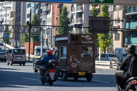 Tokyo, Japan, November 1, 2023: Mobile Coffee Shop on Three-Wheeled Vehicle in Cityのeditorial素材