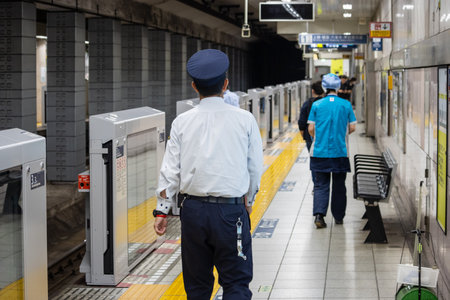 Tokyo, Japan, November 1, 2023: Security personnel monitoring platform at a Tokyo subway stationのeditorial素材