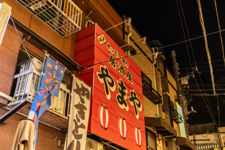 Tokyo, Japan, November 1, 2023: Illuminated Signage of Local Businesses at Night in Tokyoのeditorial素材