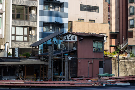 Tokyo, Japan, November 1, 2023: Traditional Japanese architecture among modern buildingsのeditorial素材
