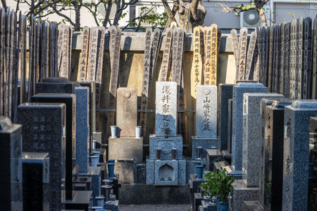 Tokyo, Japan, November 1, 2023: Array of Stone Monuments at a Japanese Cemeteryのeditorial素材