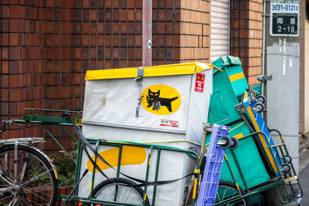 Tokyo, Japan, November 1, 2023: Bicycle delivery bags parked on a Tokyo streetのeditorial素材