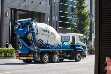 Tokyo, Japan, November 1, 2023: Cement mixer truck on the streets of Tokyo during construction workのeditorial素材