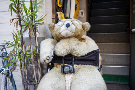 Tokyo, Japan, November 2, 2023: Stuffed Bear with Camera on City Streetのeditorial素材