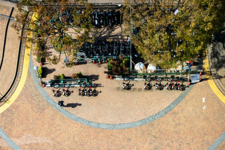 Tokyo, Japan, November 2, 2023: Aerial view of a park with people enjoying outdoor seatingのeditorial素材